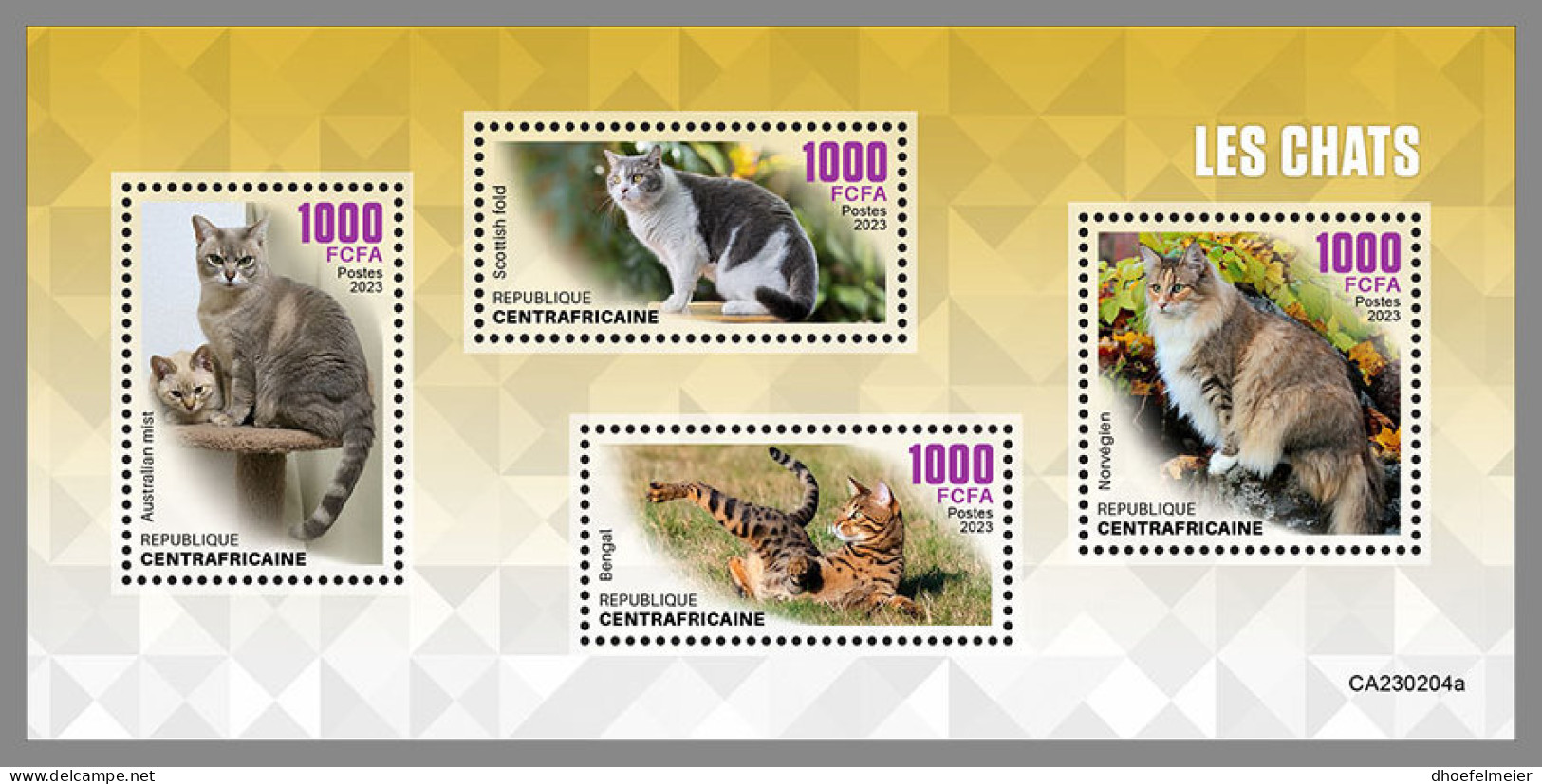 CENTRAL AFRICAN 2023 MNH Cats Katzen Chats M/S - OFFICIAL ISSUE - DHQ2340 - Chats Domestiques