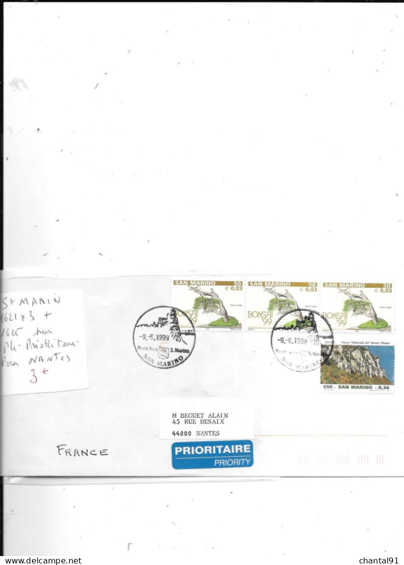 SAINT MARIN N° 1621x3 + 1625 OBL SUR PLI PRIORITAIRE POUR NANTES - Lettres & Documents