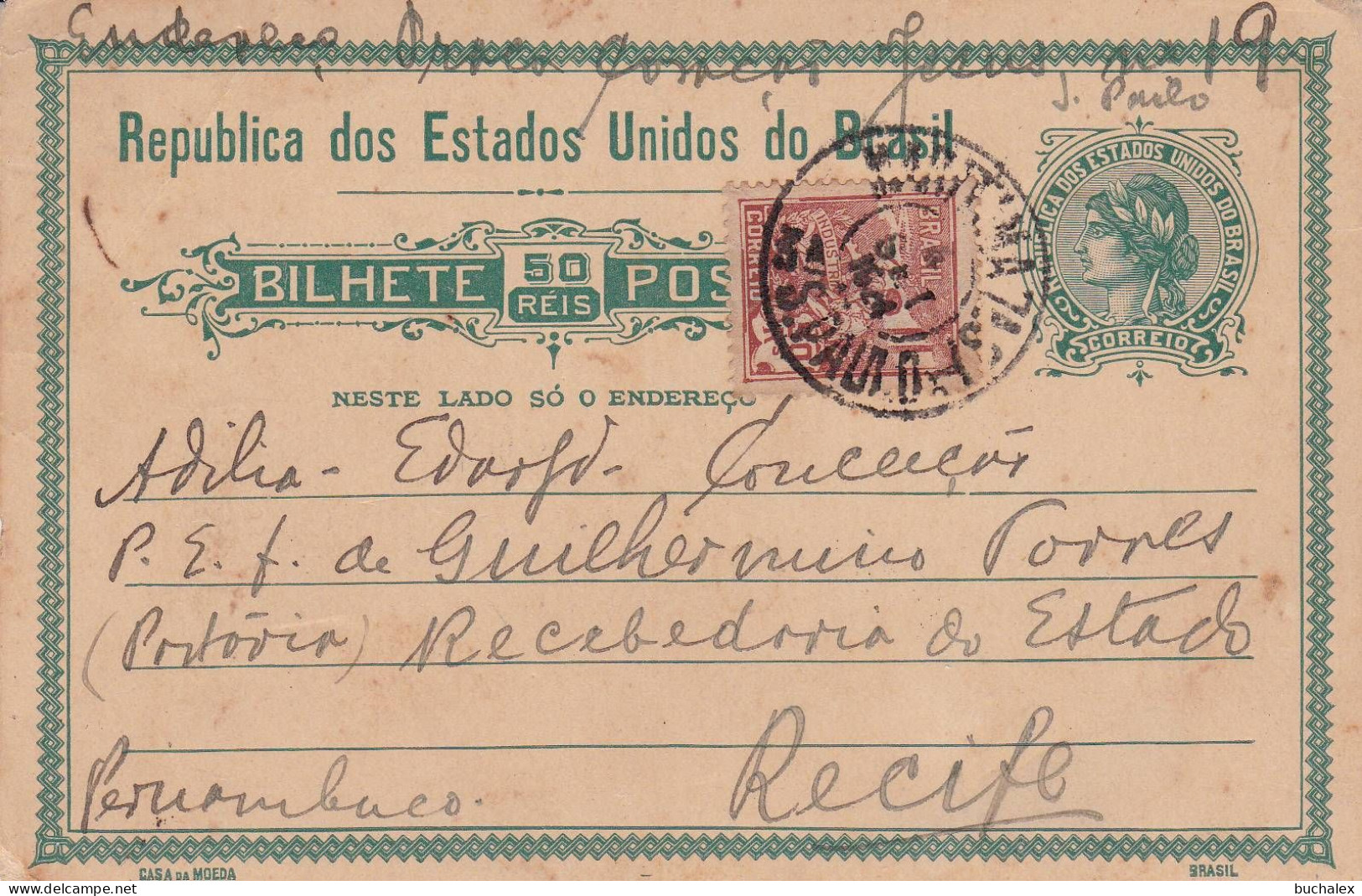Brasilien Alte Gelaufene Postkarte Mit Zusatzfrankatur - Entiers Postaux