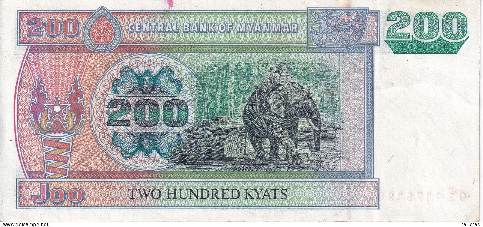 BILLETE DE MYANMAR DE 200 KYATS  (BANKNOTE) ELEFANTE-ELEPHANT - Myanmar