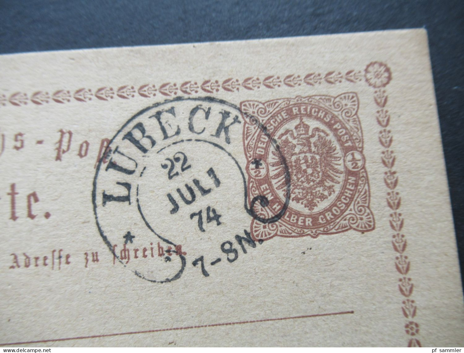 DR Reichspost 22.7.1874 Ganzsache P1 Adler In Großer Ellipse Hufeisenstempel Lübeck Nach Harburg In Hannover - Briefkaarten