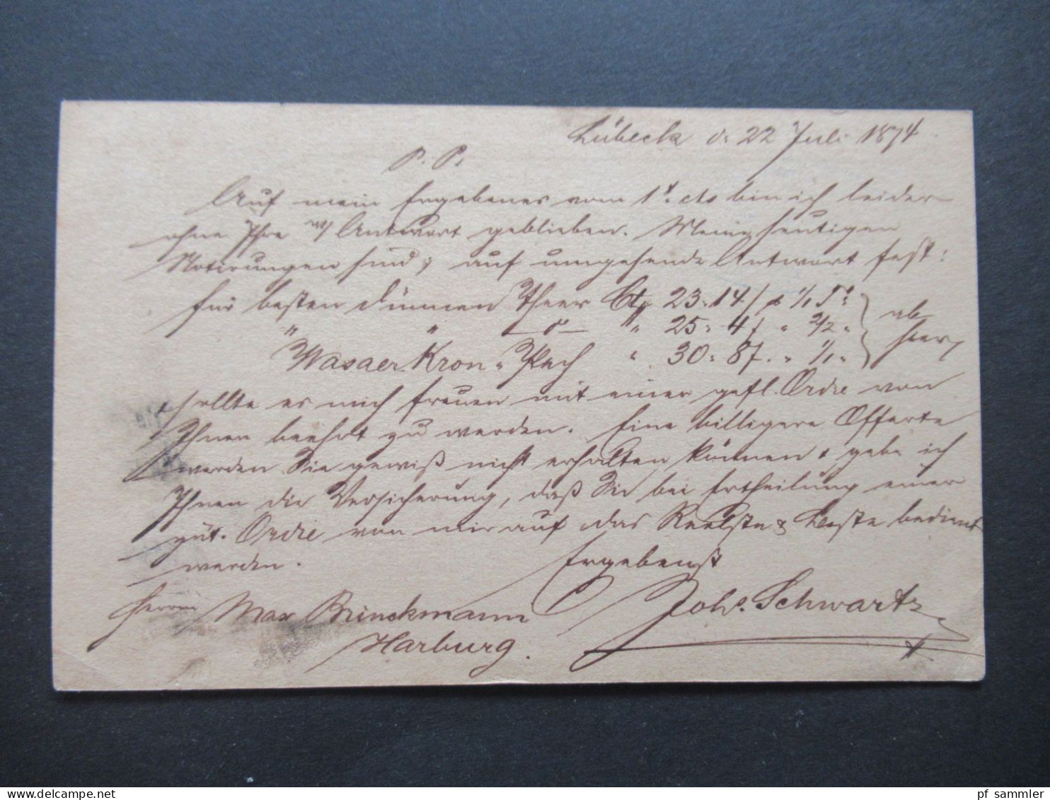 DR Reichspost 22.7.1874 Ganzsache P1 Adler In Großer Ellipse Hufeisenstempel Lübeck Nach Harburg In Hannover - Tarjetas