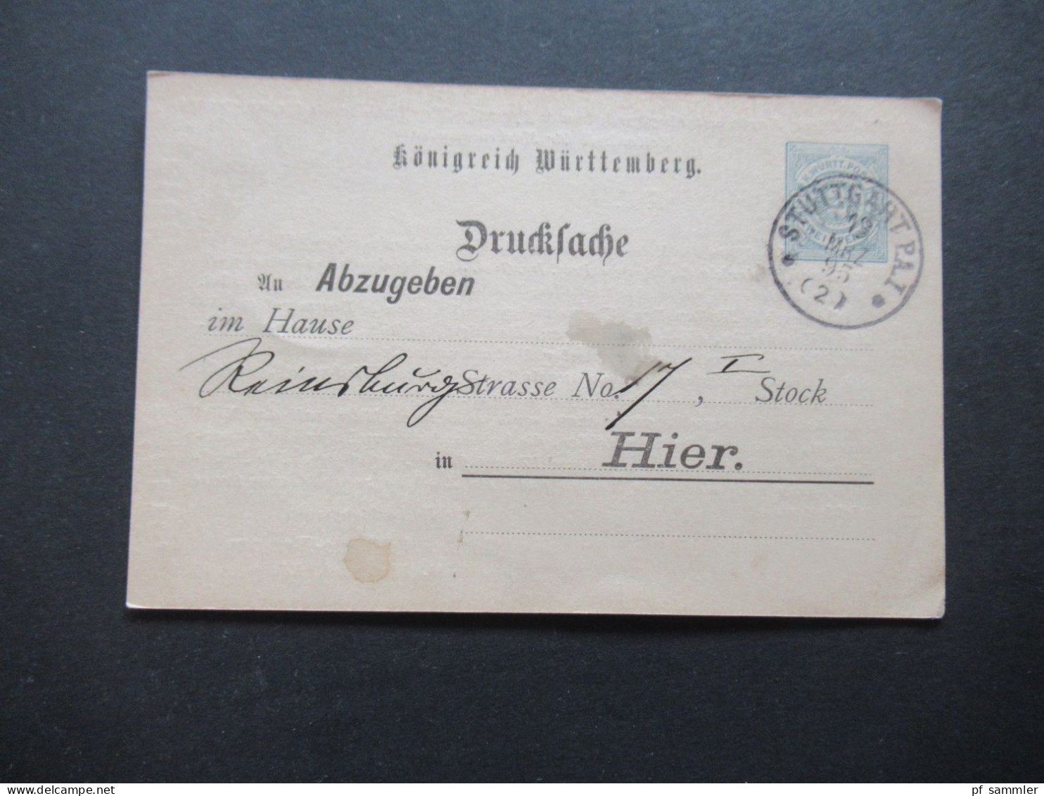Alteutschland Württemberg 19.3.1895 GA / Drucksache / Bedruckte PK Gotthold Maute Benger Stuttgart Als Orts PK - Ganzsachen