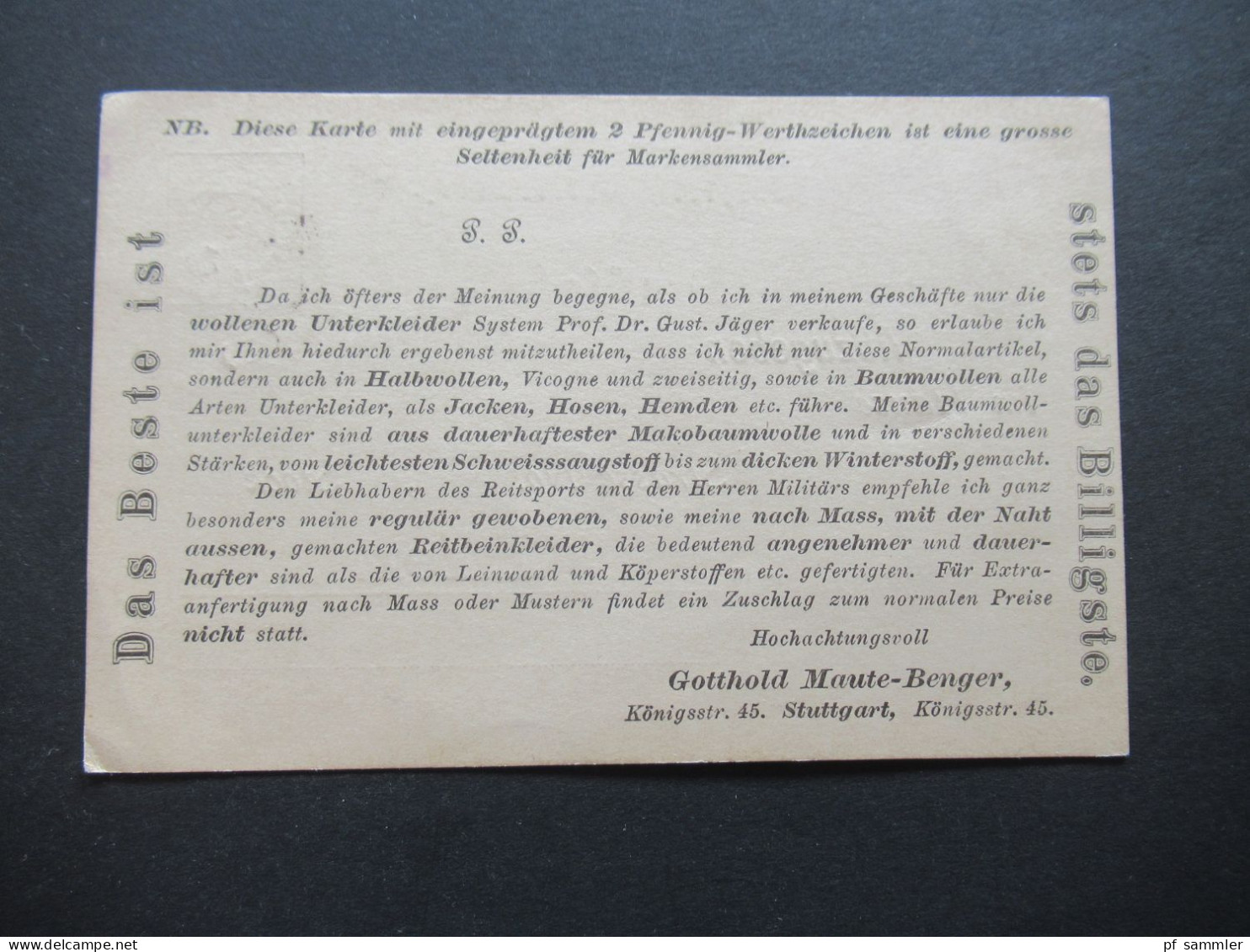 Alteutschland Württemberg 19.3.1895 GA / Drucksache / Bedruckte PK Gotthold Maute Benger Stuttgart Als Orts PK - Ganzsachen