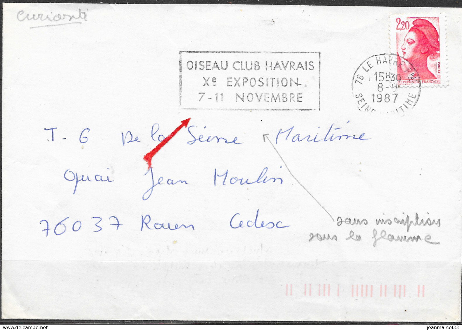 Curiosité Sur Lettre Sans Le Bandeau Sous La Flamme Du Type II =o 76 Le Havre Ppal 8-9 1987 - Cartas & Documentos