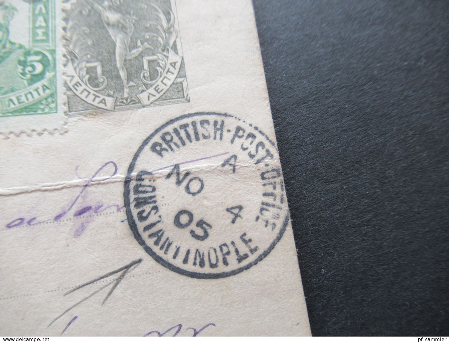 Griechenland 1905 Ganzsache Mit ZuF Nach Constantinople Mit Ank. K1 British Post Office Constantinople No 4 - Entiers Postaux