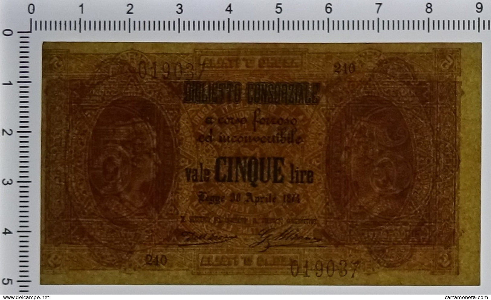 5 LIRE BIGLIETTO CONSORZIALE REGNO D'ITALIA 30/04/1874 SPL- - Biglietti Consorziale