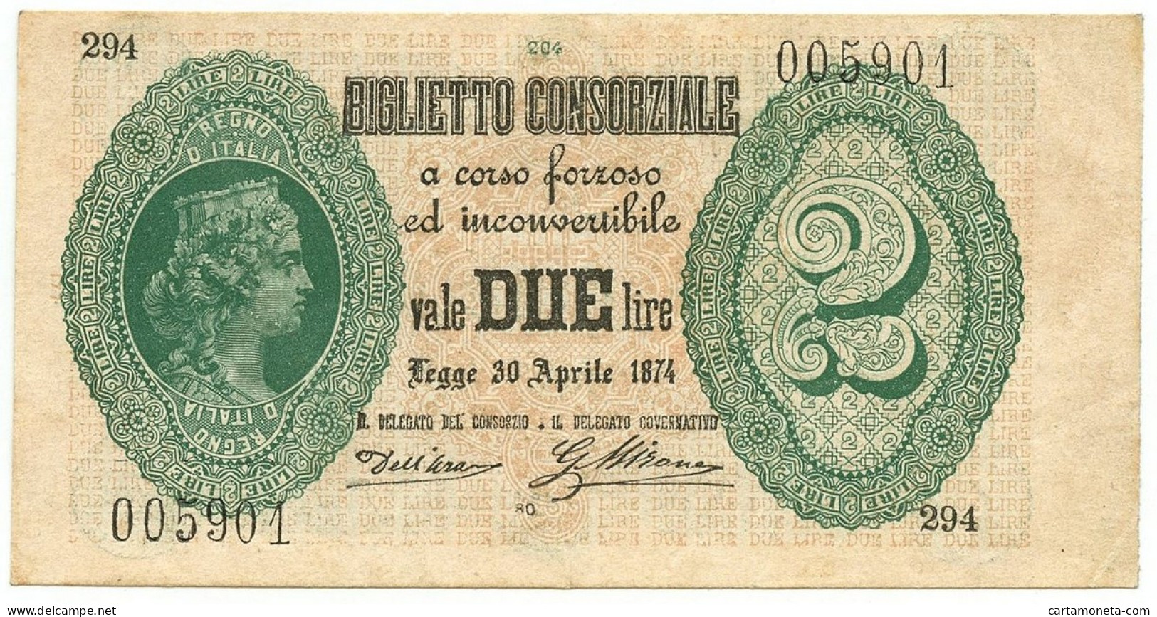 2 LIRE BIGLIETTO CONSORZIALE REGNO D'ITALIA 30/04/1874 QSPL - Biglietti Consorziale