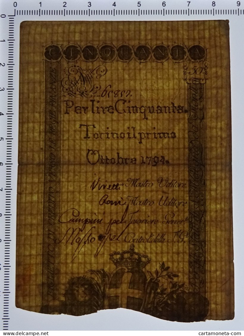 50 LIRE REGNO DI SARDEGNA REGIE FINANZE TORINO 01/10/1794 BB - Otros & Sin Clasificación