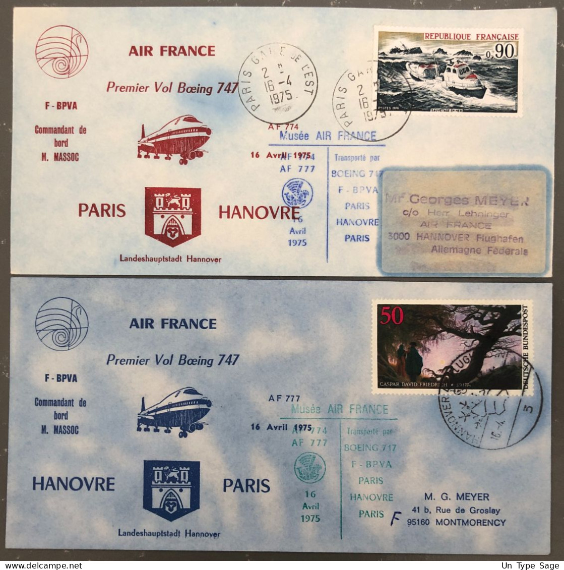 France, Premier Vol, Boeing 747 - PARIS / HANOVRE 16.4.1975 - (B1303) - First Flight Covers