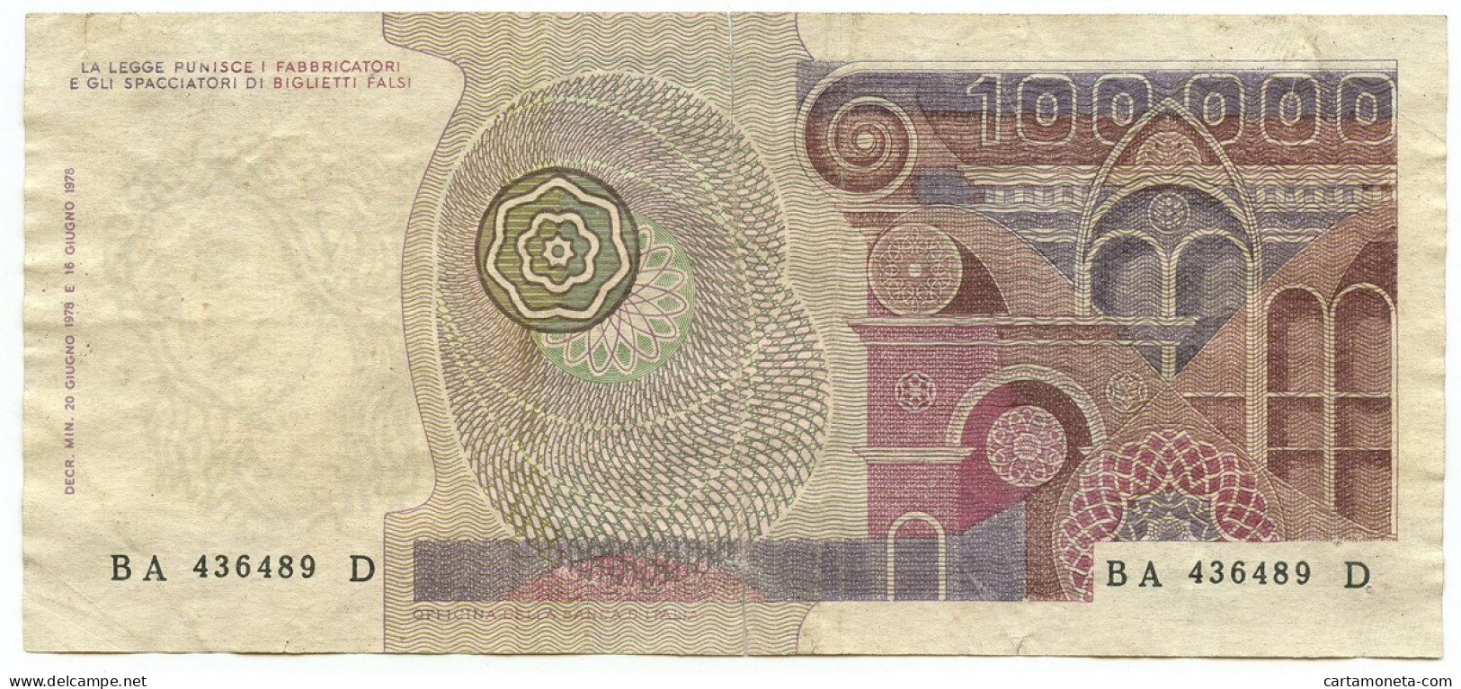 100000 LIRE FALSO D'EPOCA BANCA D'ITALIA PRIMAVERA DI BOTTICELLI 20/06/1978 QBB - [ 8] Specimen