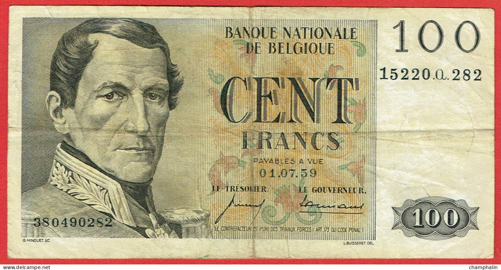 Belgique - Billet De 100 Francs - Léopold Ier - 1er Juillet 1959 - P129c - 100 Franchi