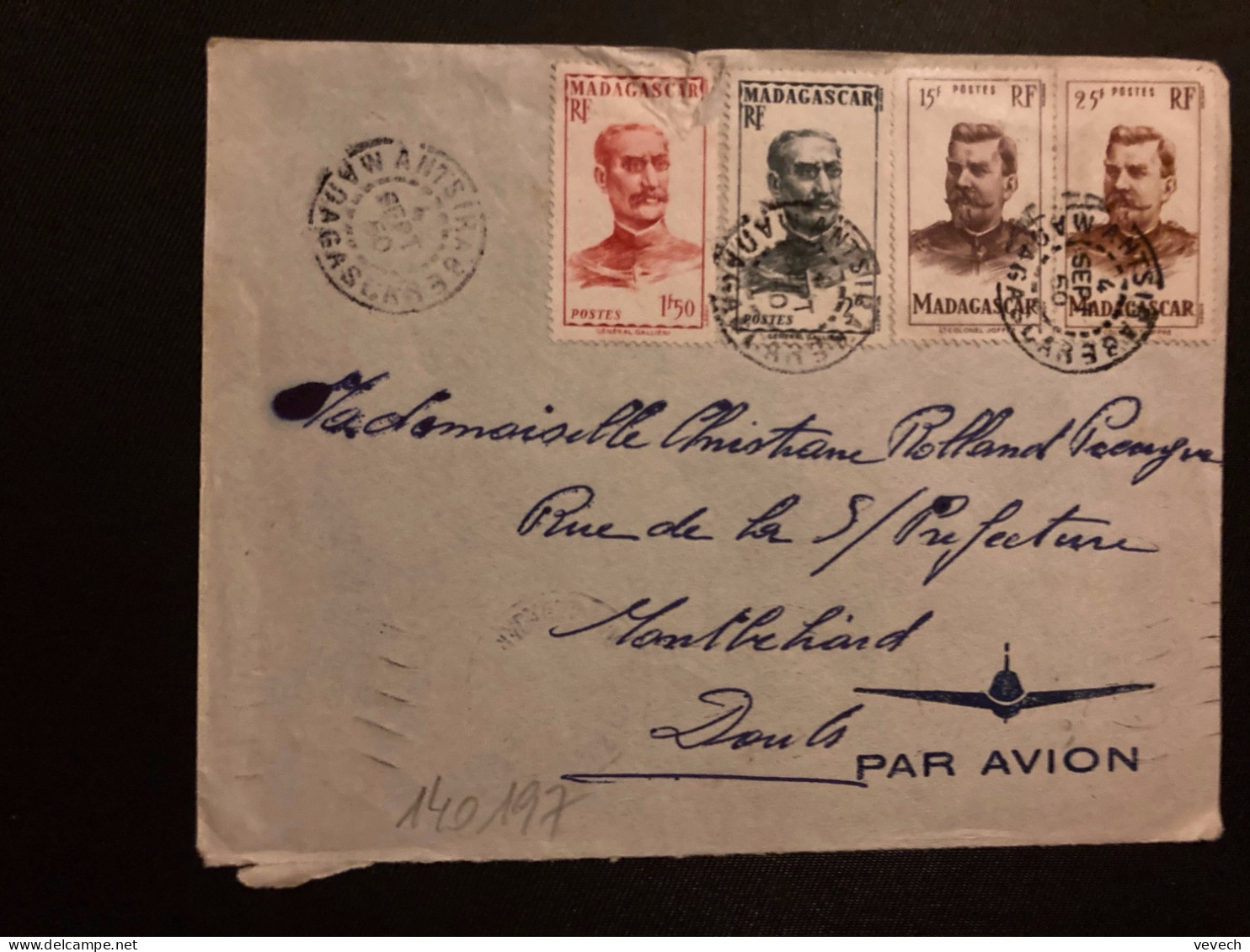 LETTRE Par Avion Pour La FRANCE TP JOFFRE 25F + 15F + GALLIENI 2F + 1F50 OBL.4 SEPT 50 ANTSIRABE - Lettres & Documents