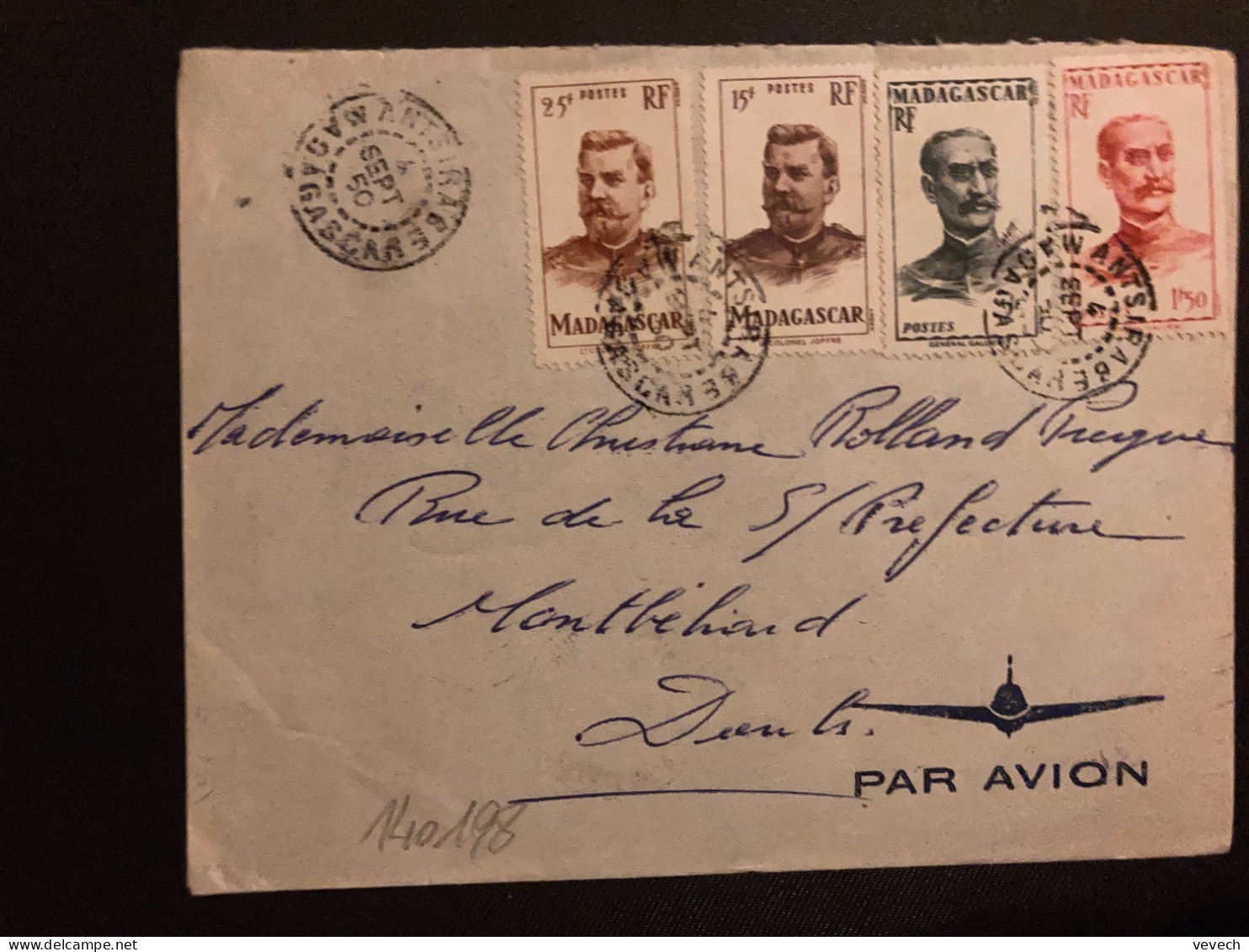 LETTRE Par Avion Pour La FRANCE TP JOFFRE 25F + 15F + GALLIENI 2F + 1F50 OBL.4 SEPT 50 ANTSIRABE - Brieven En Documenten