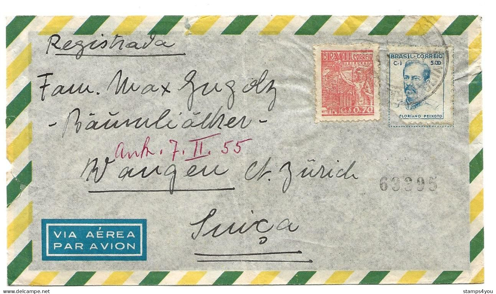 205 - 19 - Lettre Recommandée Envoyée Du Brésil En Suisse 1955 - Storia Postale