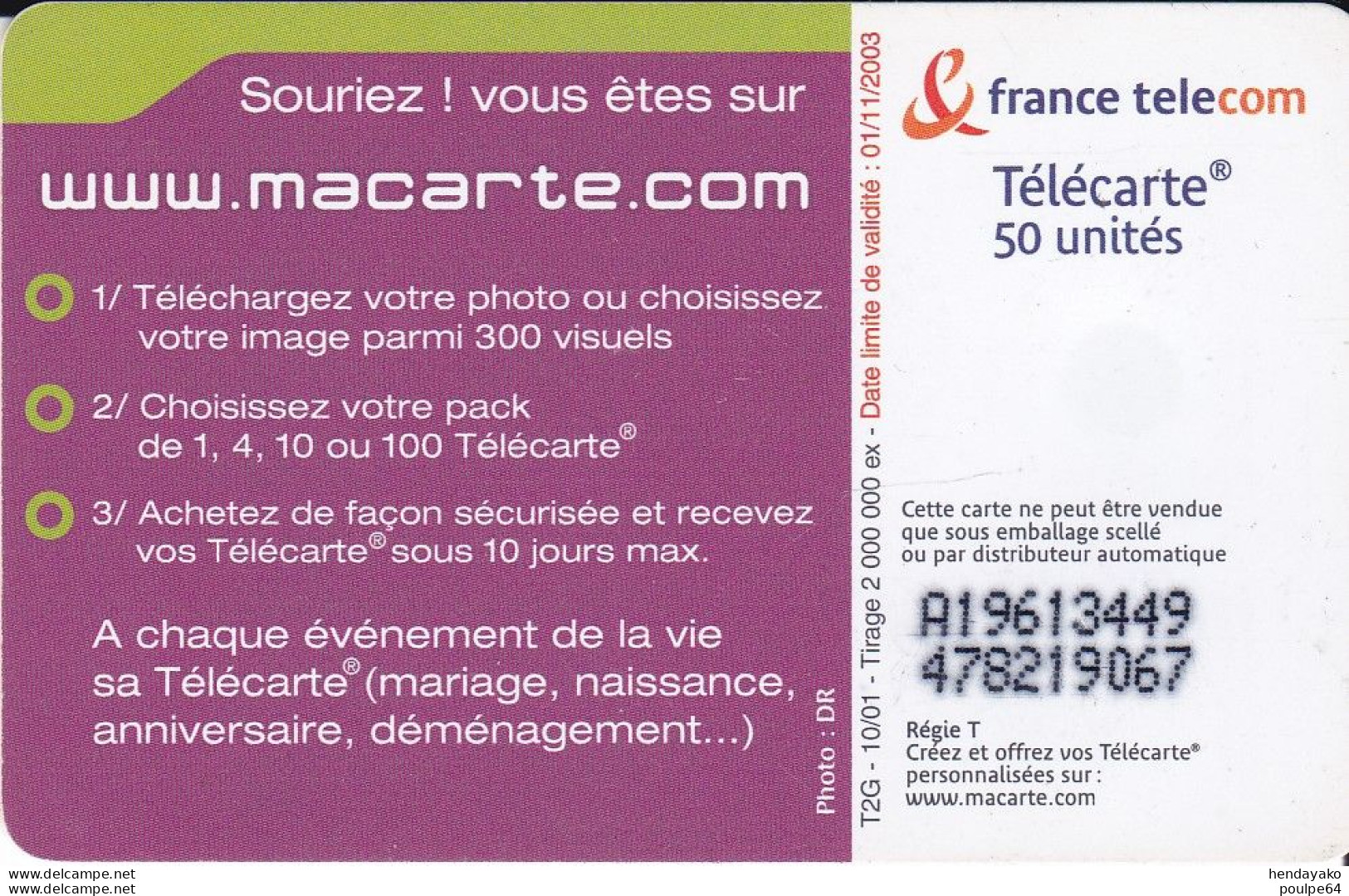 F1177B  10/2001 MACARTE.COM ROSE. FUTUR MARIAGE  50 OB2 - 2001