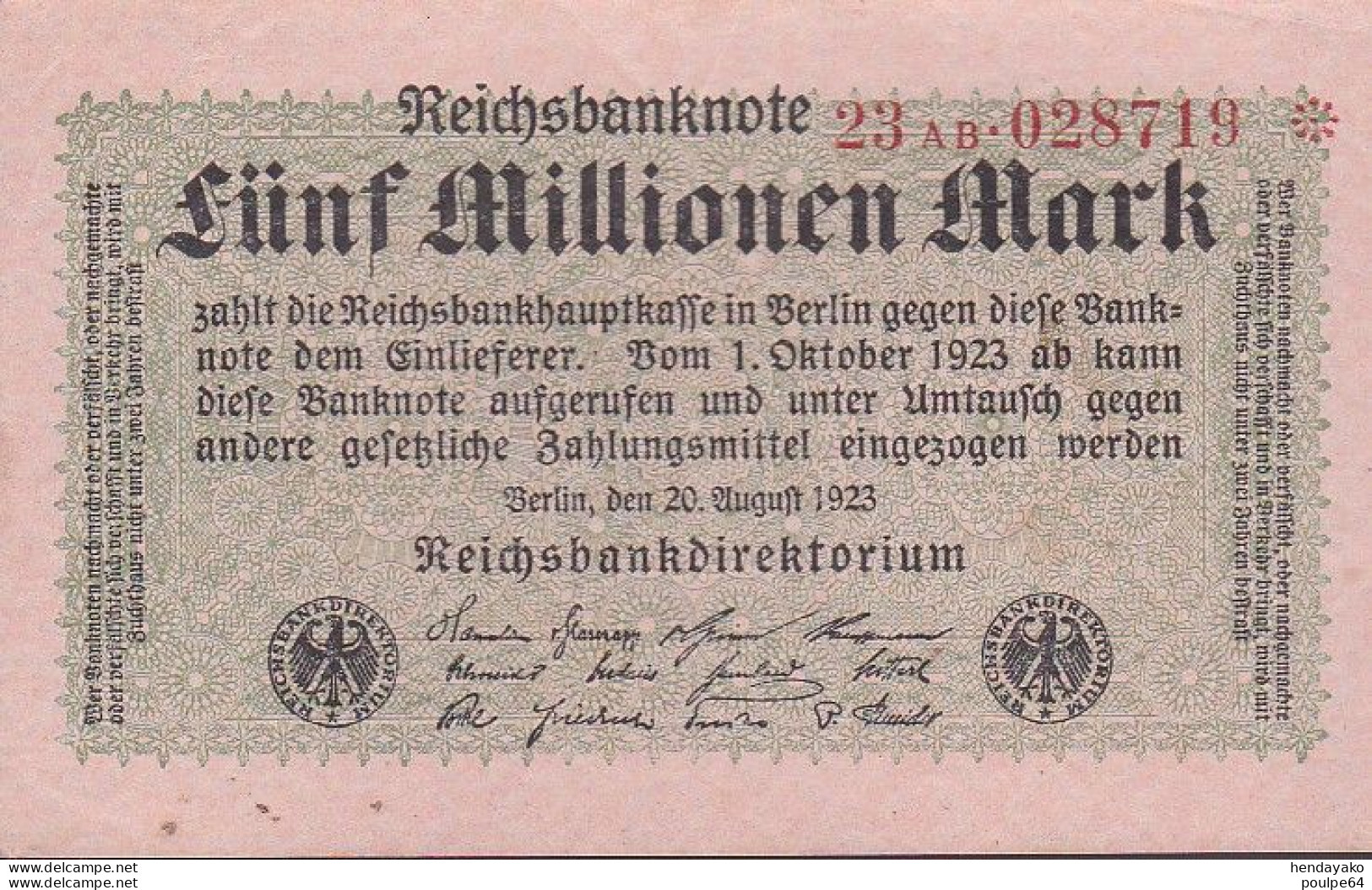 Billet Allemagne - 5 Millionen Mark - 1er Ctobre 1923 - 5 Mio. Mark