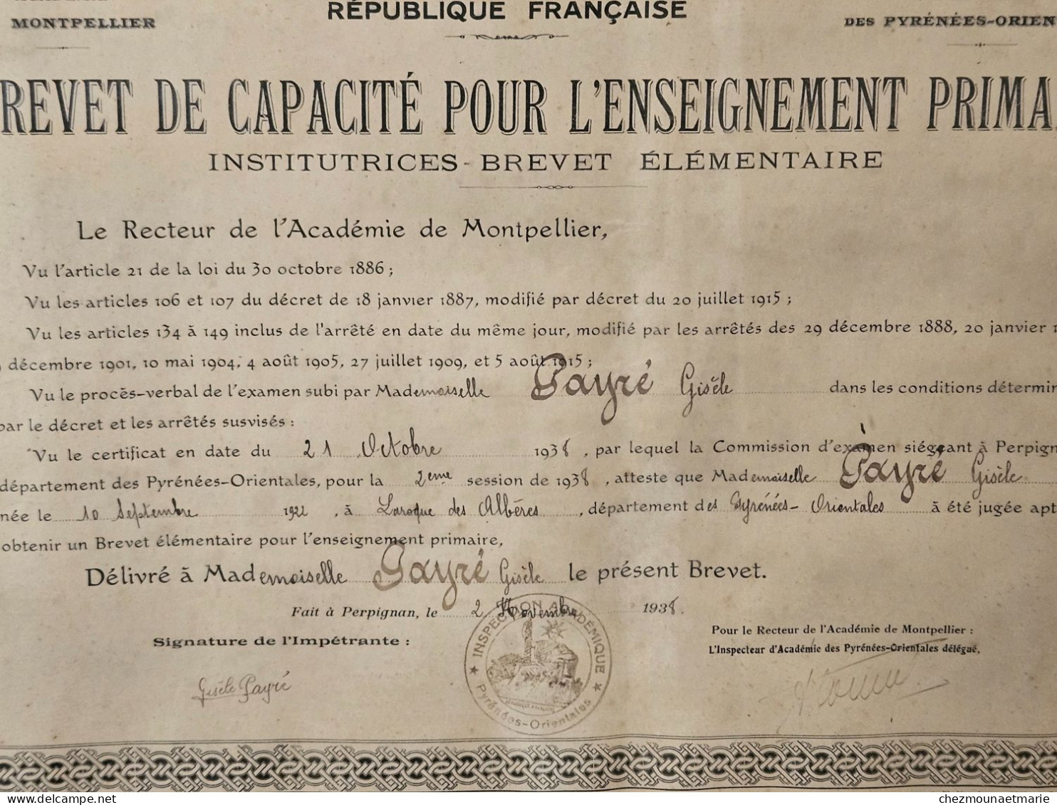 BREVET ENSEIGNEMENT INSTITUTRICE GISELE PAYRE NEE A LAROQUE DES ALBERES EN 1922 PYRENEES ORIENTALES - Geographical Maps