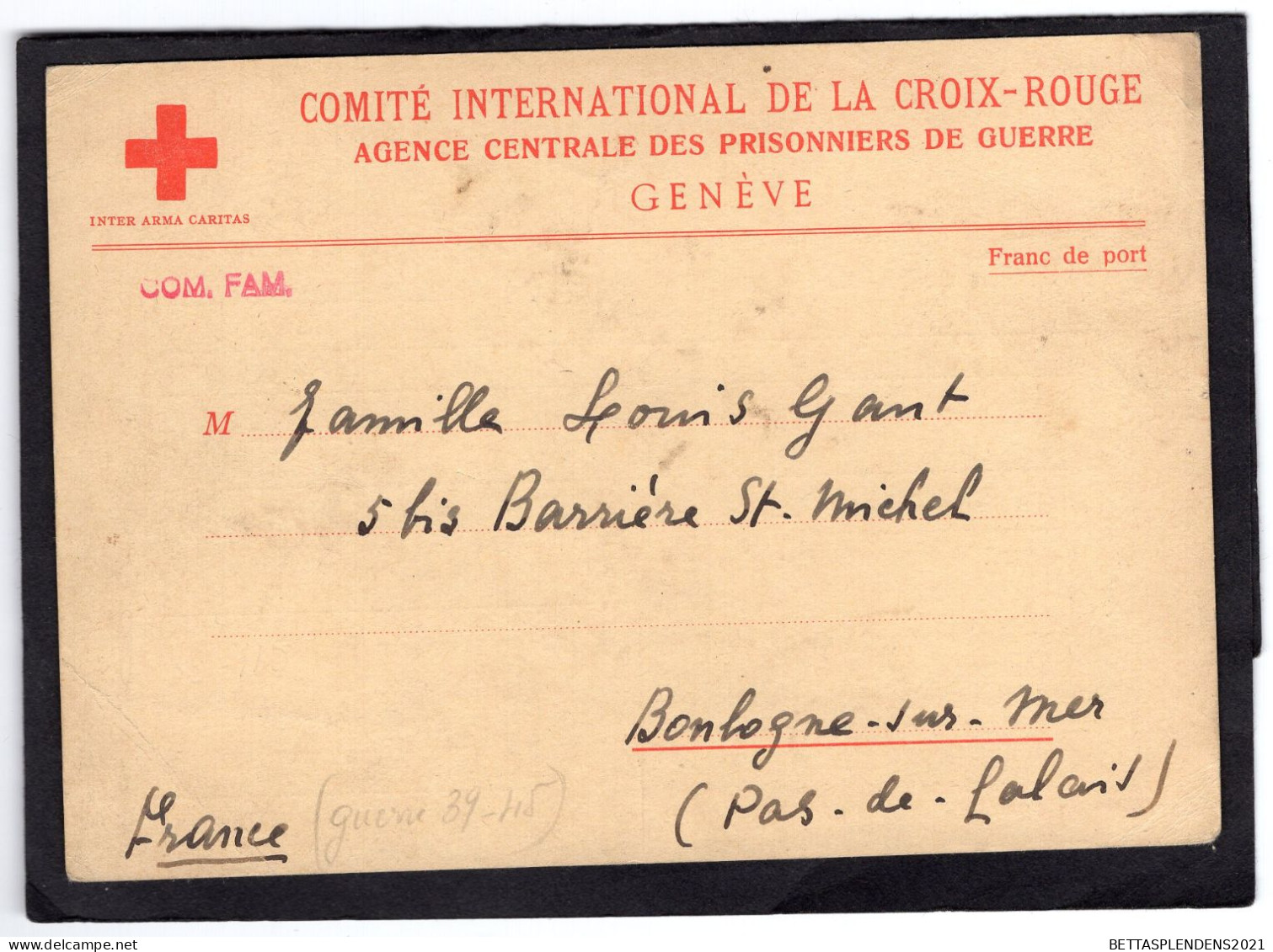 Carte Pour Boulogne Sur Mer -COMITE INTERNATIONAL De La CROIX ROUGE - Agence Centrale Des Prisonniers De Guerre - GENEVE - Red Cross