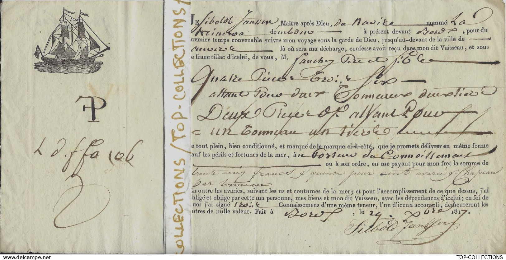 1817 CONNAISSEMENT BILL OF LADING De Bordeaux Pour Anvers Cargaison ALCOOL « Trois Six » V.SCANS - 1800 – 1899