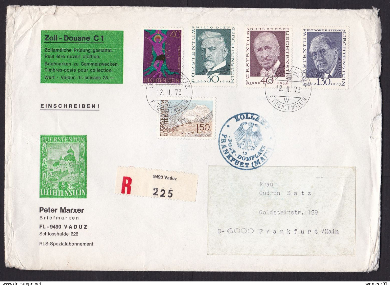 Liechtenstein: Registered Cover To Germany, 1973, 5 Stamps, Steinway, De Cock, Diena, Cancel Customs Control (damaged) - Covers & Documents