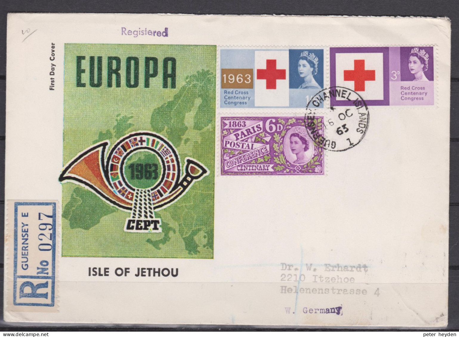 Isle Of JETHOU 1963 Europa CEPT On Guernsey Registered FDC With GB 1963 UPU Postal Conference And Red Cross  ~ Puffin - 1963