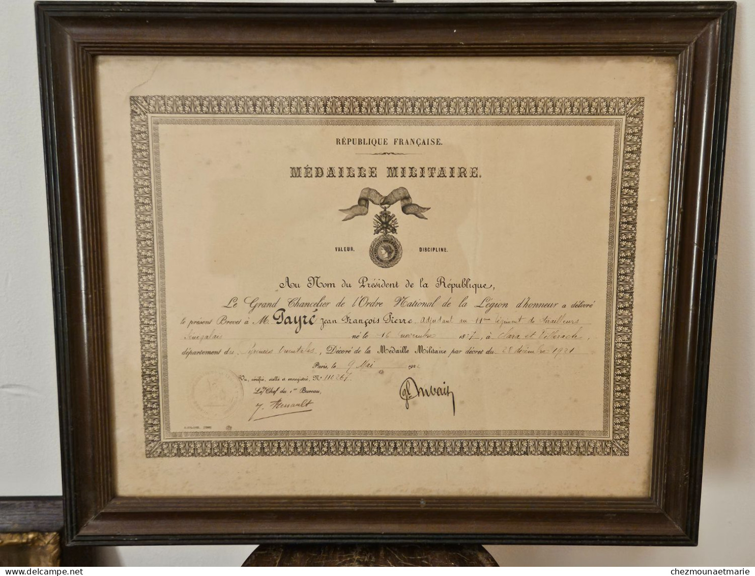 MEDAILLE MILITAIRE JEAN PAYRE ADJUDANT AU 11E RTS NE EN 1887 A CLARA VILLERACH PYRENEES ORIENTALES - Documenti