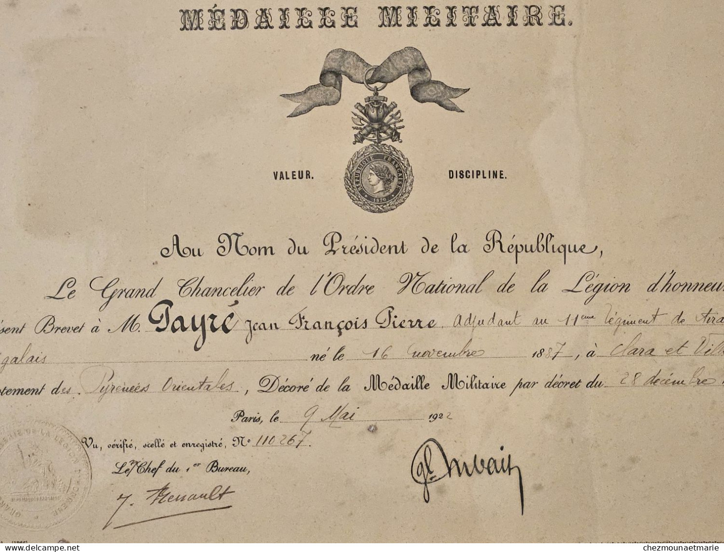 MEDAILLE MILITAIRE JEAN PAYRE ADJUDANT AU 11E RTS NE EN 1887 A CLARA VILLERACH PYRENEES ORIENTALES - Documenti