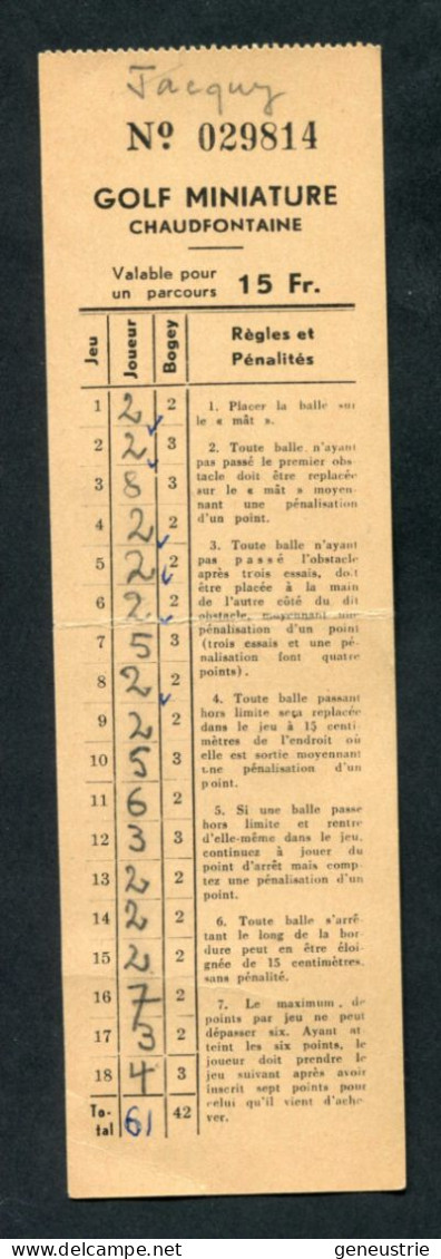 Fiche De Pointage "Golf Miniature De Chaudfontaine" Belgique - Otros & Sin Clasificación