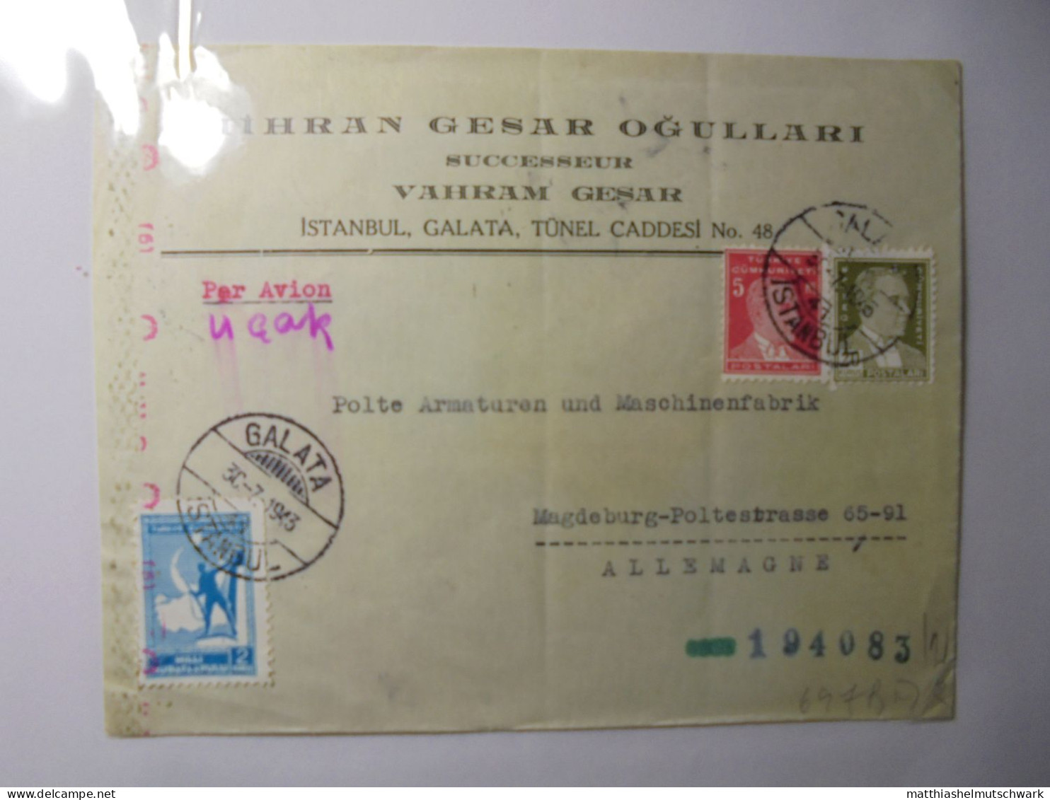 Zensur 1943 # 194083 Türkei/Briefumschlag Von MIHRAN GESAR OGULLARI, SUCCESSEUR, VAHRAM GESAR, ISTANBUL, GALATA, T - Briefe U. Dokumente