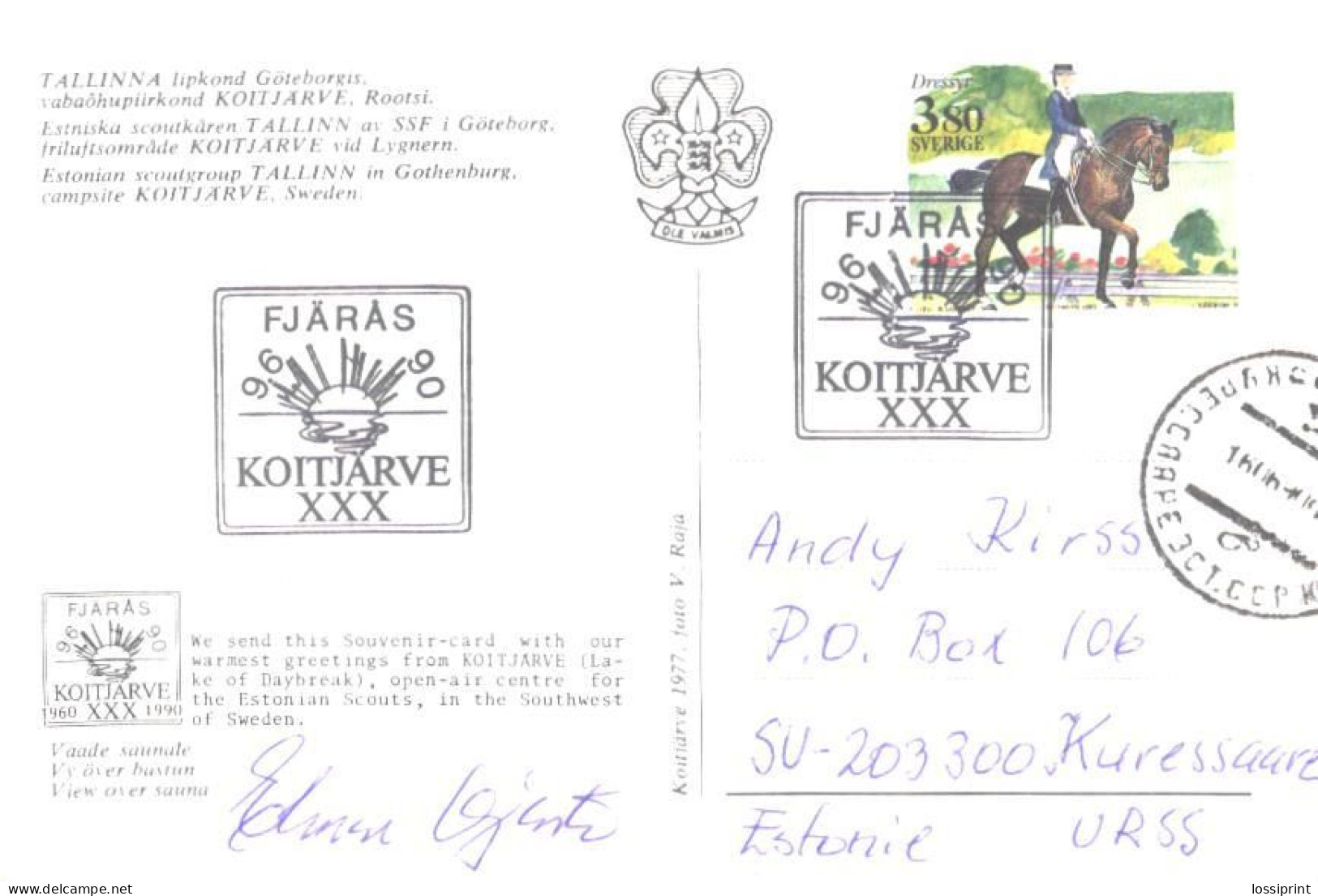 Sweden:Special Cancellation Tallinn Lipkond In Göteborg, Scouts Special Cancellations, Koitjärve XXX, 1990 - Lettres & Documents