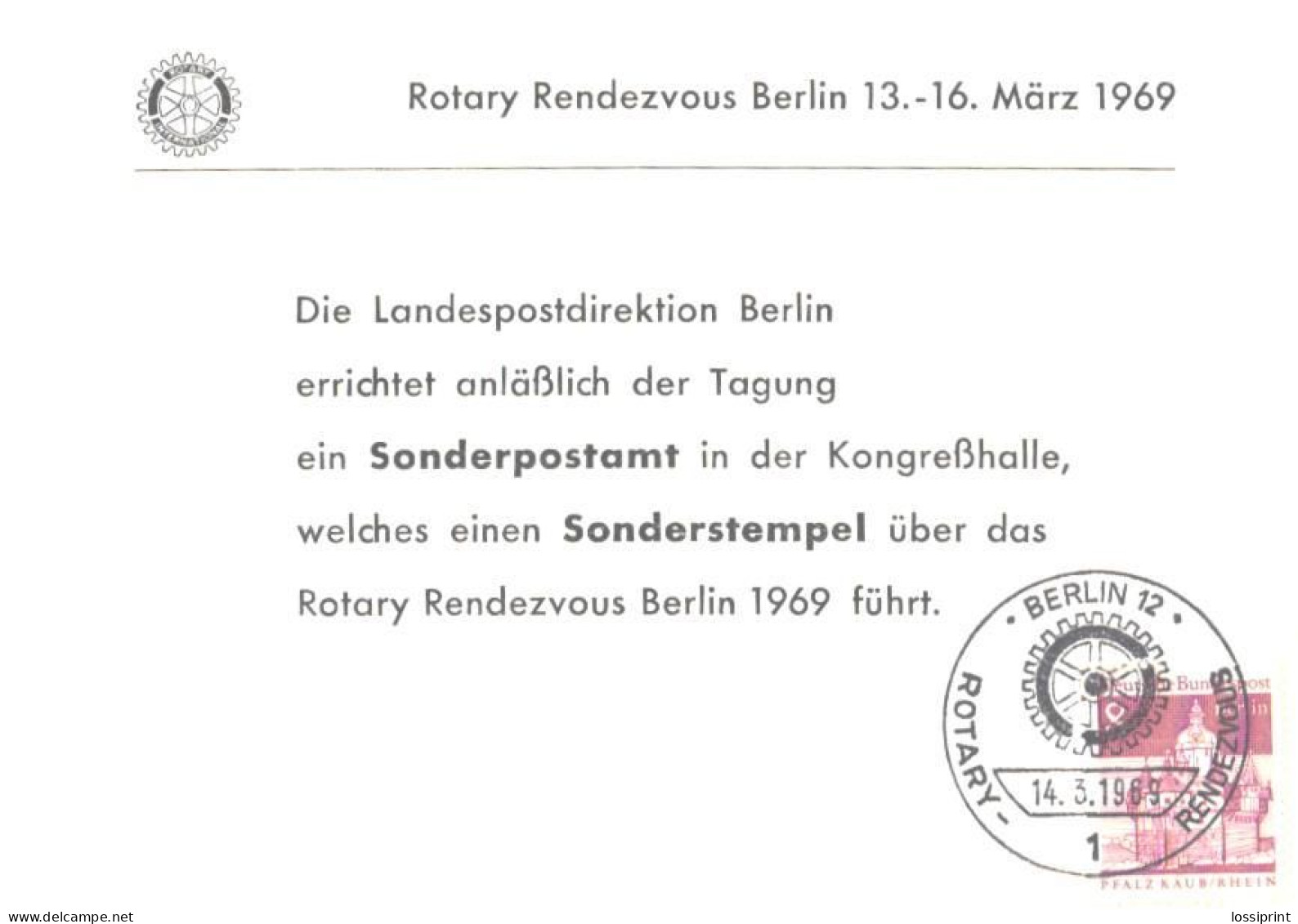 Germany:Maxi Card, Special Cancellation Rotary Rendezvouz Berlin 13.-16. März 1969 - 1961-1980