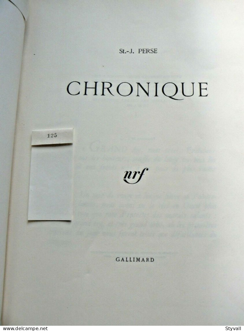Saint-John Perse: Chronique (Edition Originale) 165 Exp Sur Hollande 1960 RARE - - Art