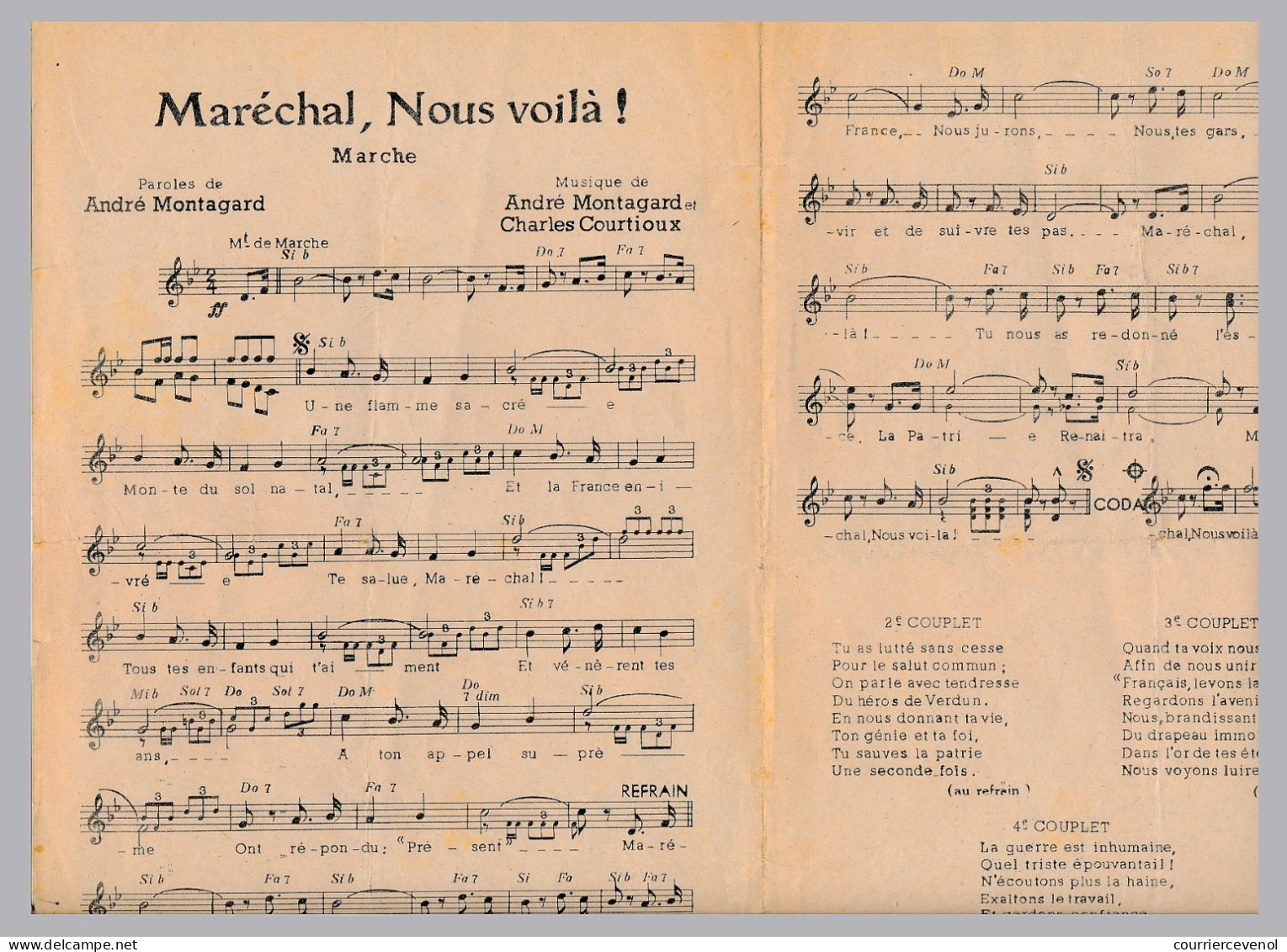 Partition "Maréchal, Nous Voilà" - Marche - Hymne Pétainiste - Editions Du Ver Luisant - Autres & Non Classés