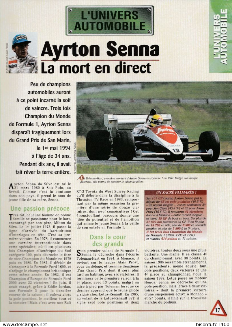 Ayrton SENNA, La Mort En Direct - Fiche Issue De La Collection Hachette : L'univers De L'automobile - Autres & Non Classés