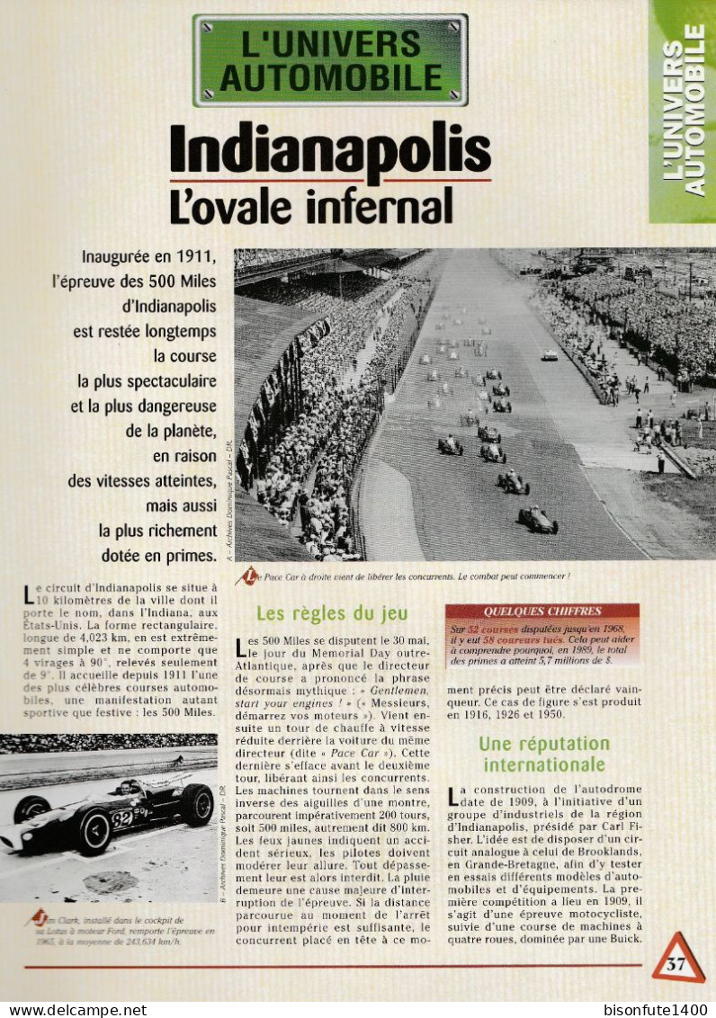 INDIANAPOLIS : L'ovale Infernal - Fiche Issue De La Collection Hachette : L'univers De L'automobile - Sonstige & Ohne Zuordnung