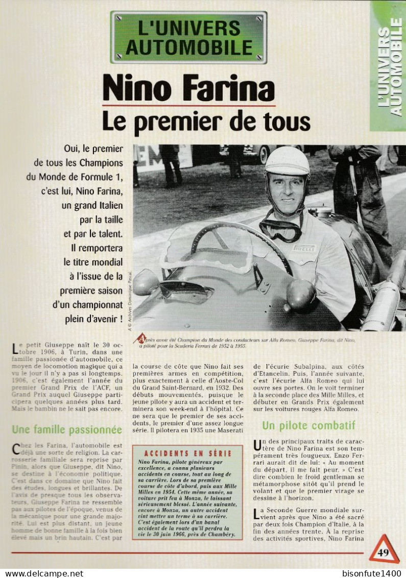 Nino FARINA, Le Premier De Tous - Fiche Issue De La Collection Hachette : L'univers De L'automobile - Sonstige & Ohne Zuordnung