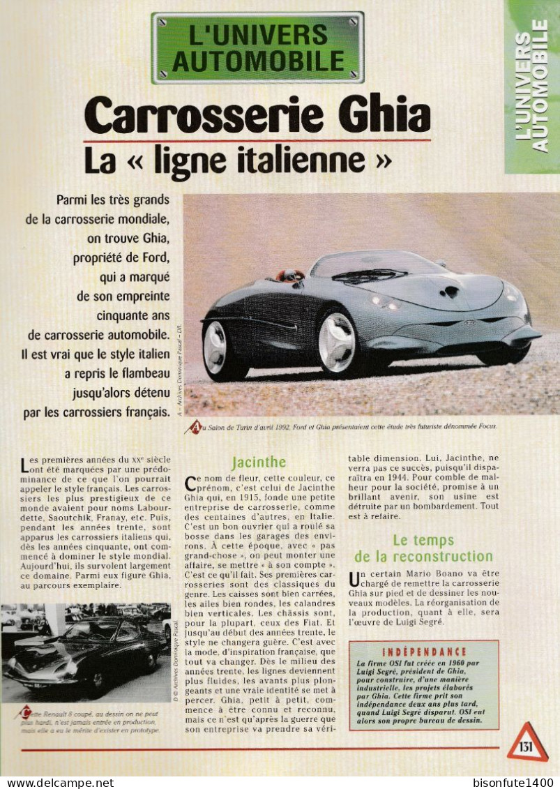 Carrosserie GHIA, La Ligne Italienne - Fiche Issue De La Collection Hachette : L'univers De L'automobile - Autres & Non Classés