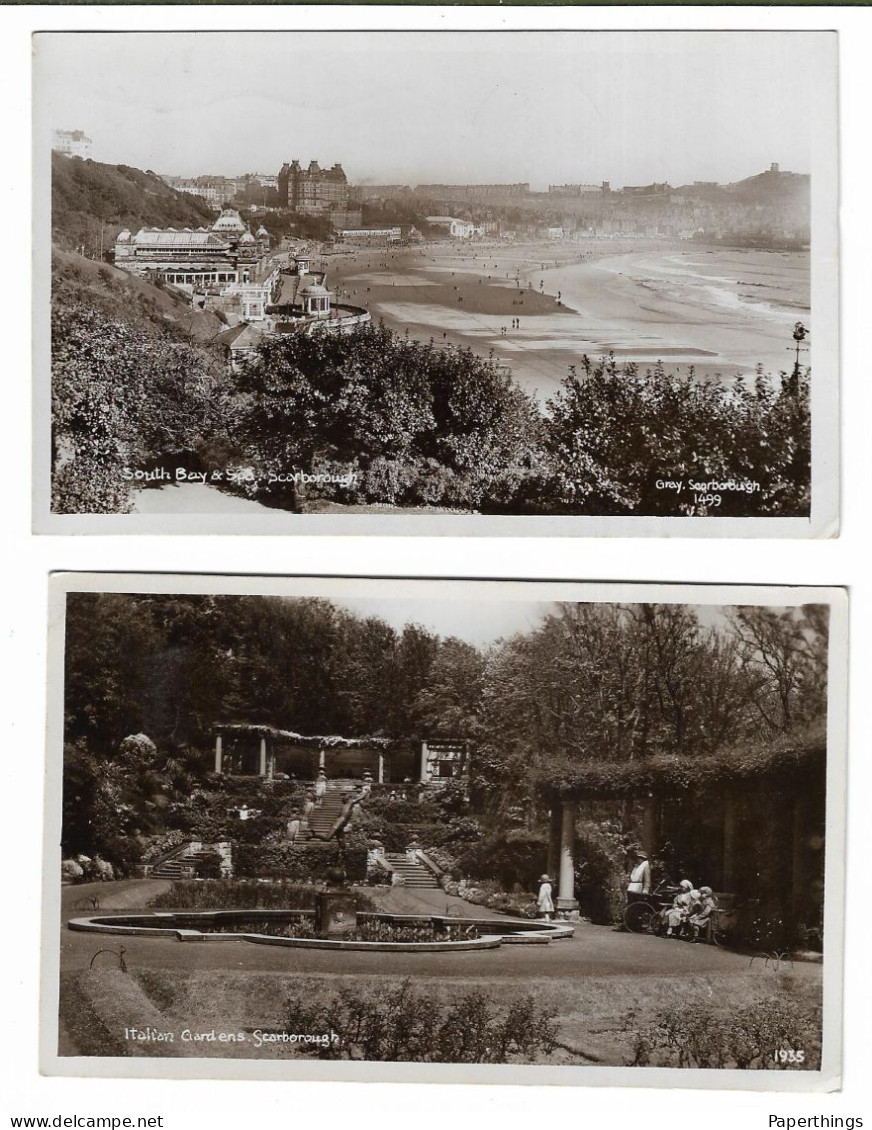 2 Real Photo Postcards, Yorkshire, Scarborough, South Bay And Spa, Italian Gardens, Coastal View, 1929. - Scarborough