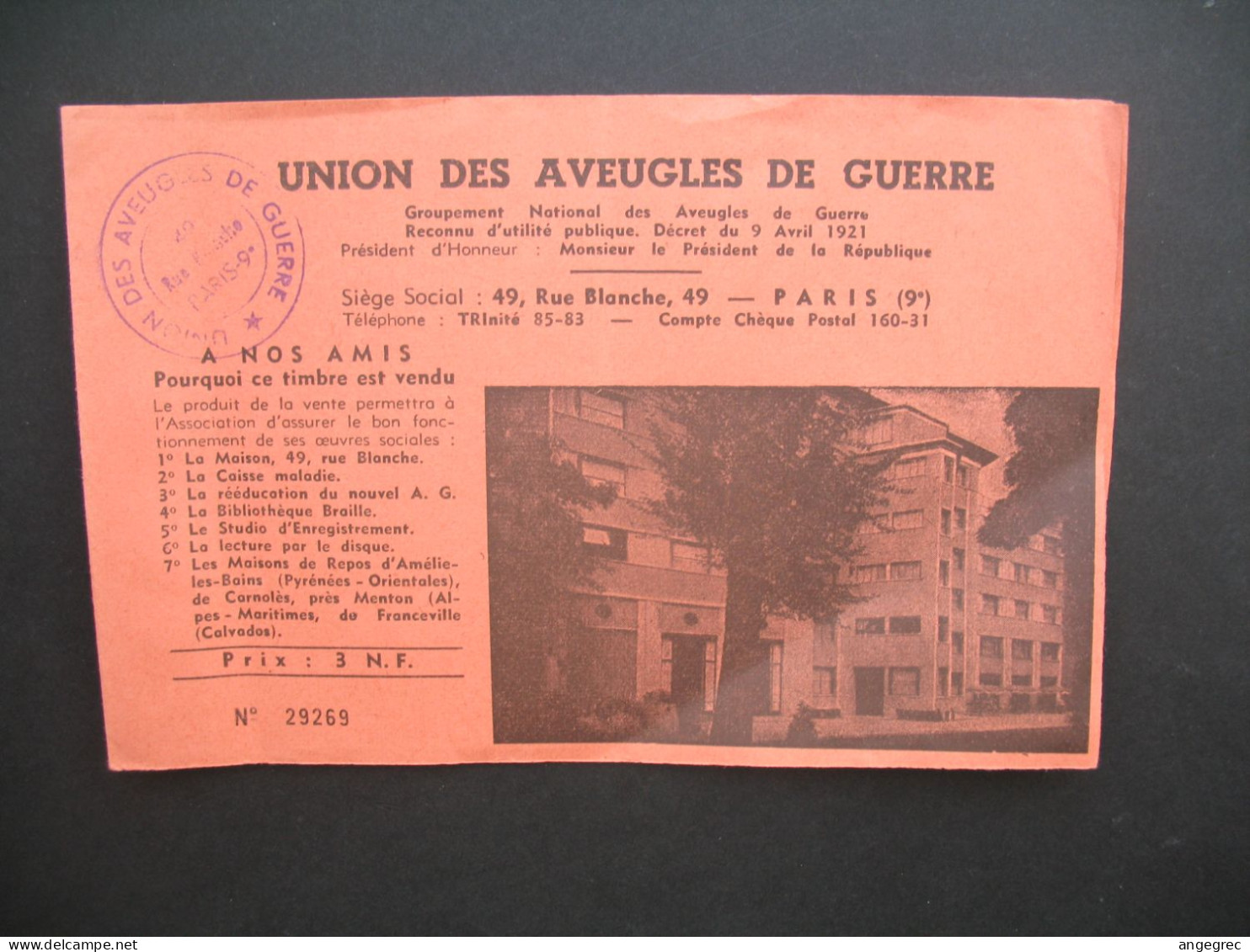 Vignette Carnet Union Des Aveugles De Guerre Vignette De 1960 Paris " Reconnue D'utilité Publique " - Blocks Und Markenheftchen