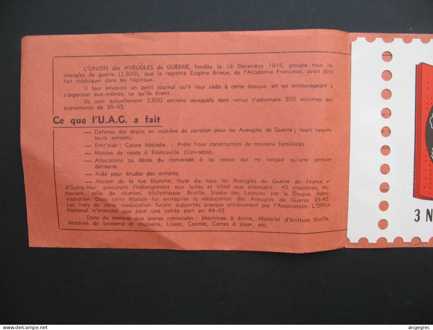 Vignette Carnet Union Des Aveugles De Guerre Vignette De 1960 Paris " Reconnue D'utilité Publique " - Blocks Und Markenheftchen