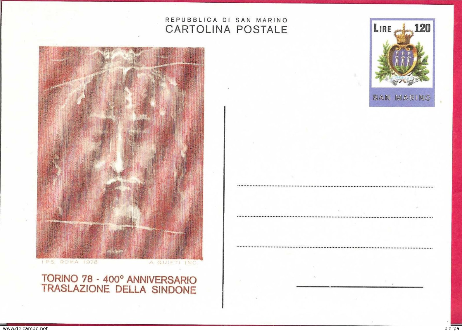 SAN MARINO - INTERO CARTOLINA POSTALE " TRASLAZIONE SINDONE" (CAT. INT. 41) - NUOVA - Postal Stationery