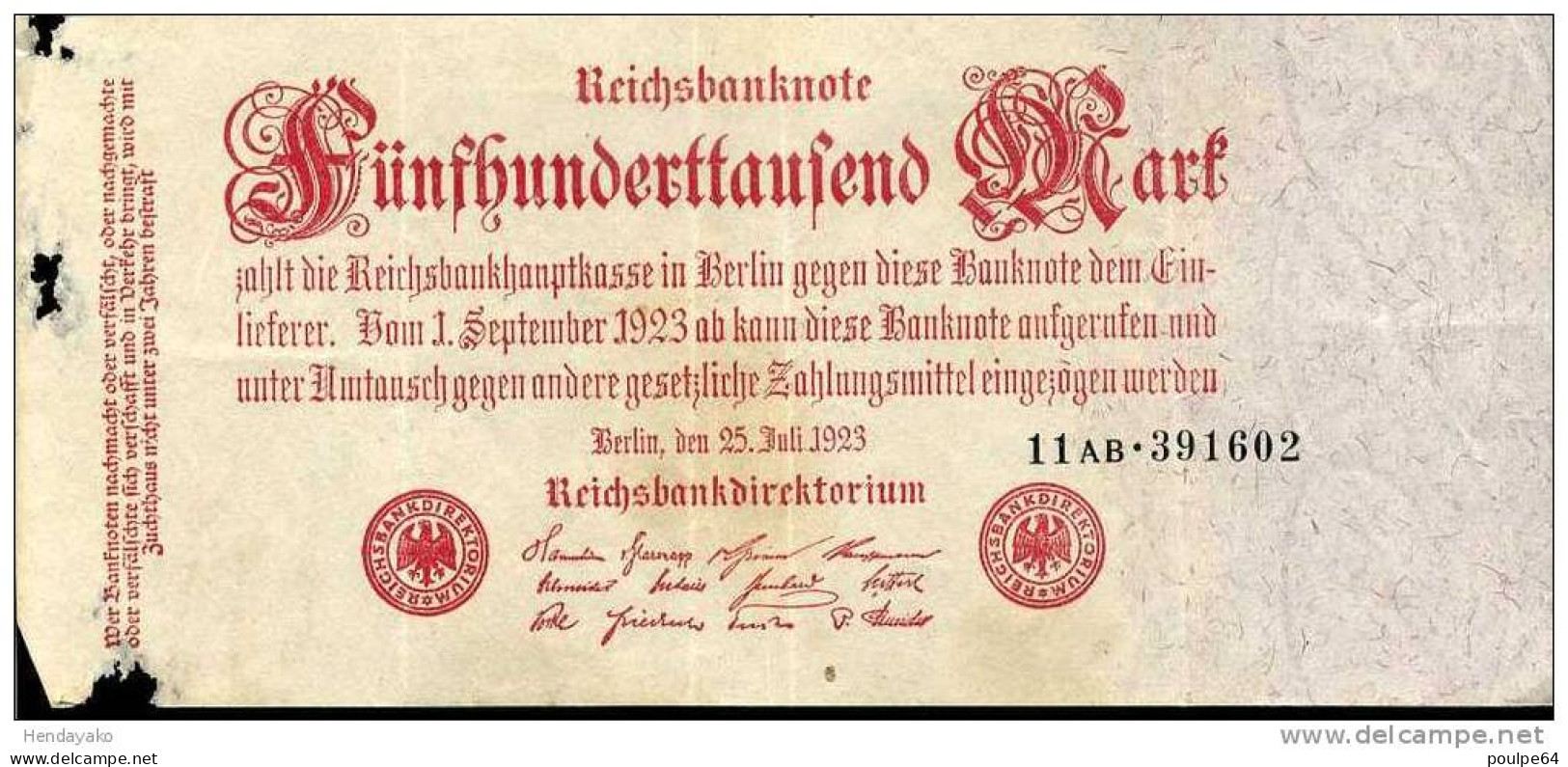 Billet Allemagne - Weimar  500,000 Mark, Fünfhunderttausend Mark - 25 Juillet 1923 - 500000 Mark
