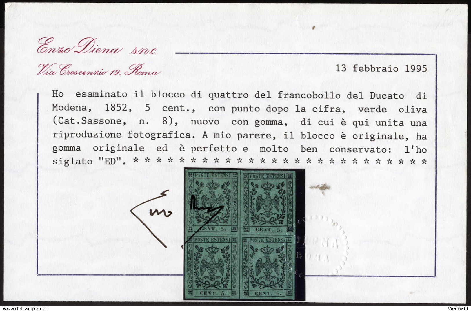 **/*/bof 1852, 10, 15, 25 C. Senza Punto Dopo Le Cifre E 5, 10, 40 C. E 1 L. Con Punto Dopo Le Cifre, Quartine (in Parte - Modène