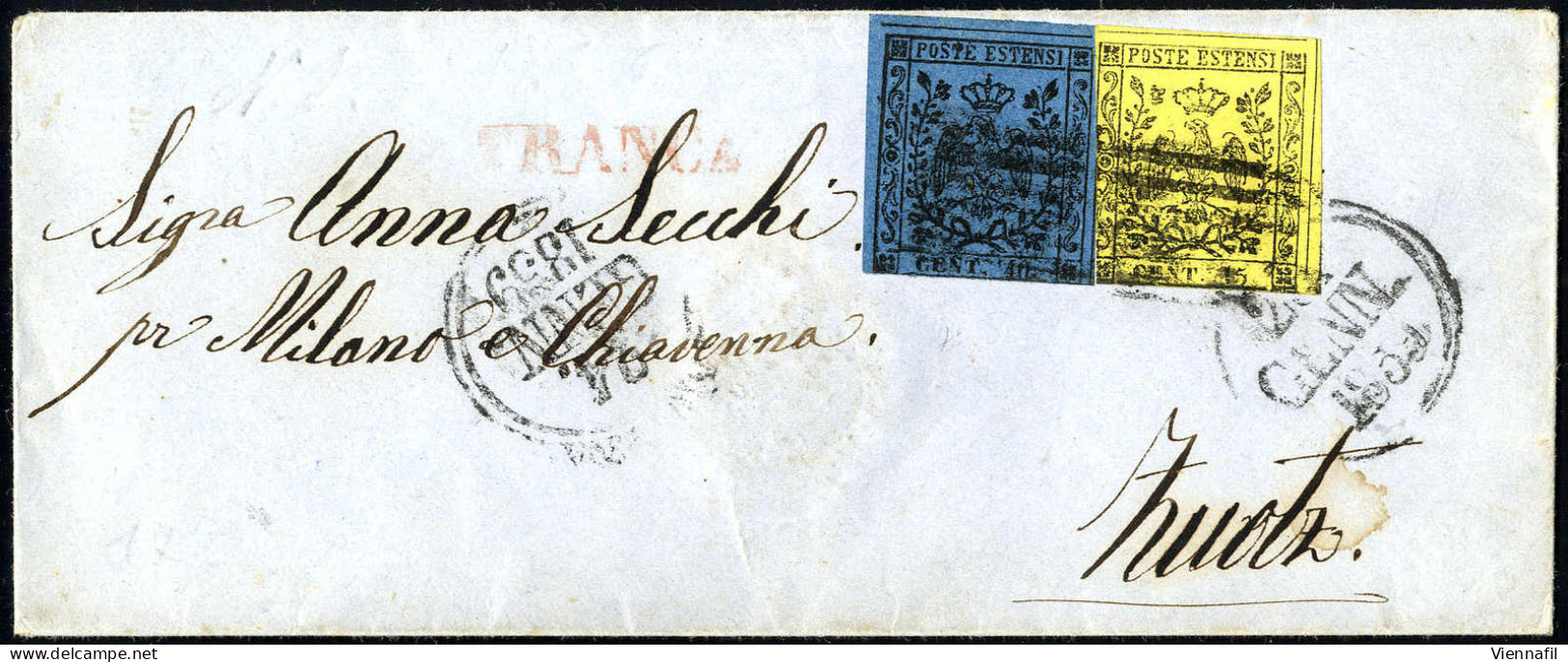 Cover 1852, Lettera Da Modena 24.1.1859 Per Zuotz In Svizzera Affrancatata Per 55 Cent. Con 15 Cent. Giallo, Prima Emiss - Modena