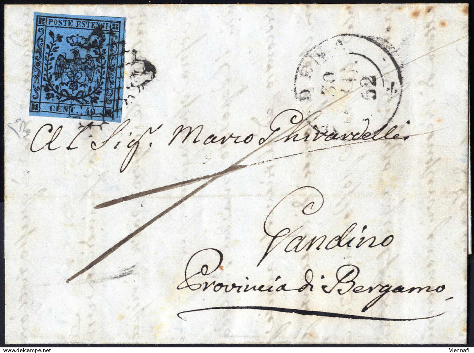 Cover 1852, Lettera Da Modena (griglietta Punti 12) Il 30.6 Per Gandino Affrancata Con 40 C. Celeste, Cert. Enzo Diena,  - Modène