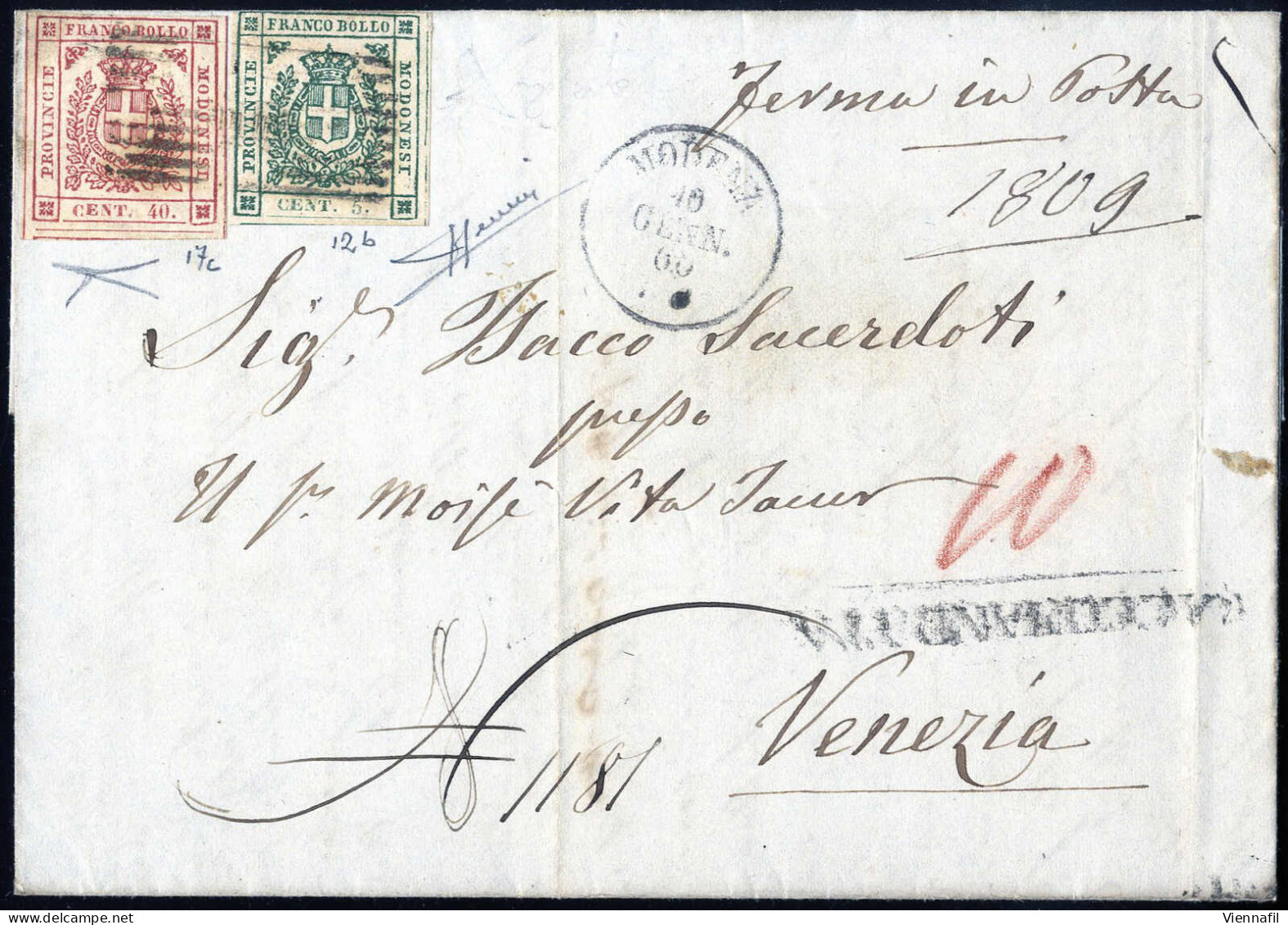 Cover 1860, Lettera Raccomandata Del 10.1 Per Venezia (Veneto Austriaco) Affrancata Fino Al Confine Con 5 C. Verde Scuro - Modena