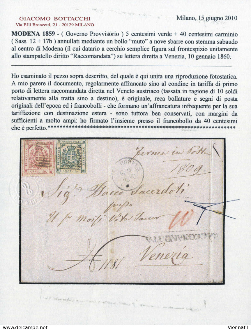 Cover 1860, Lettera Raccomandata Del 10.1 Per Venezia (Veneto Austriaco) Affrancata Fino Al Confine Con 5 C. Verde Scuro - Modène