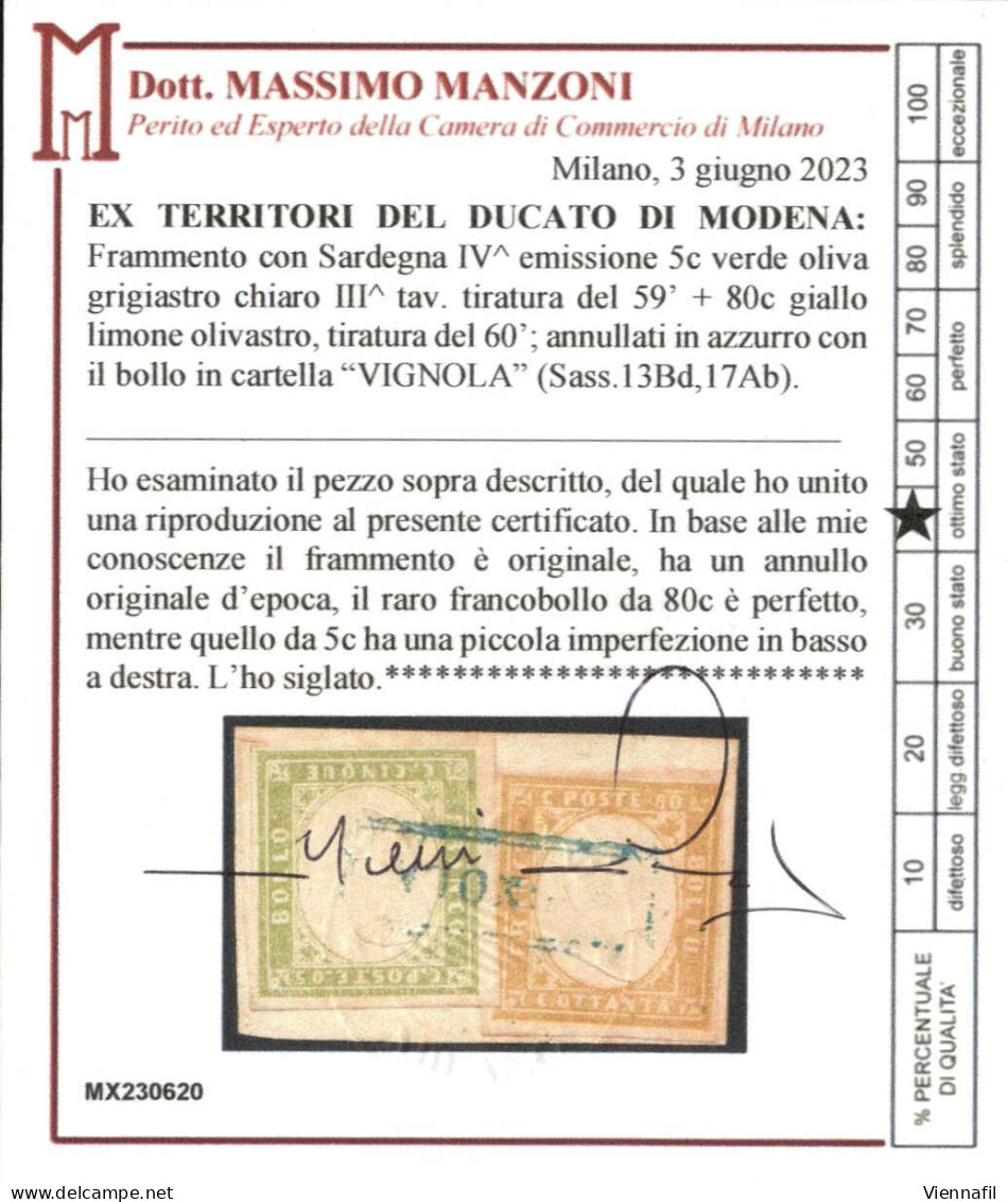 Piece VIGNOLA, Frammento Di Lettera Affrancato Con IV Em. Di Sardegna 5 C. Verde Oliva Grigiastro Chiaro III.a Tavola Ti - Modena