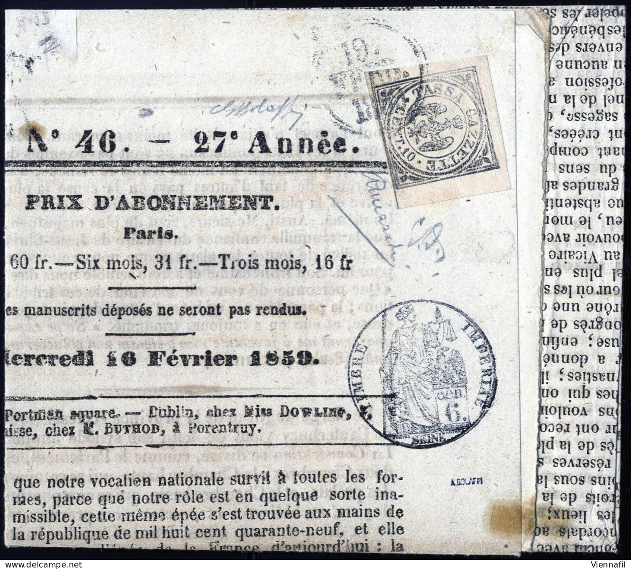 Cover 1859, Giornale "L'Univers" Del 16.2 Affrancato Con 10 C. Nero, Firmato Emilio Diena, Cert. Bolaffi, Sass. 5 / 1300 - Modène